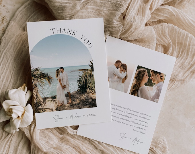 Modern Thank You Card Template, Arch Wedding Photo, 100% Editable, Minimalist Wedding Thank You, Flat Card, Instant, Templett #0026B-206TYC