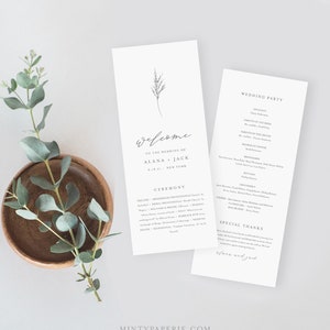 May include: A wedding ceremony program with a simple design featuring a small illustration of a sprig of grass. The program includes the names of the bride and groom, Alana and Jack, and the wedding party. The text "Welcome to the wedding of Alana + Jack" is at the top of the program.