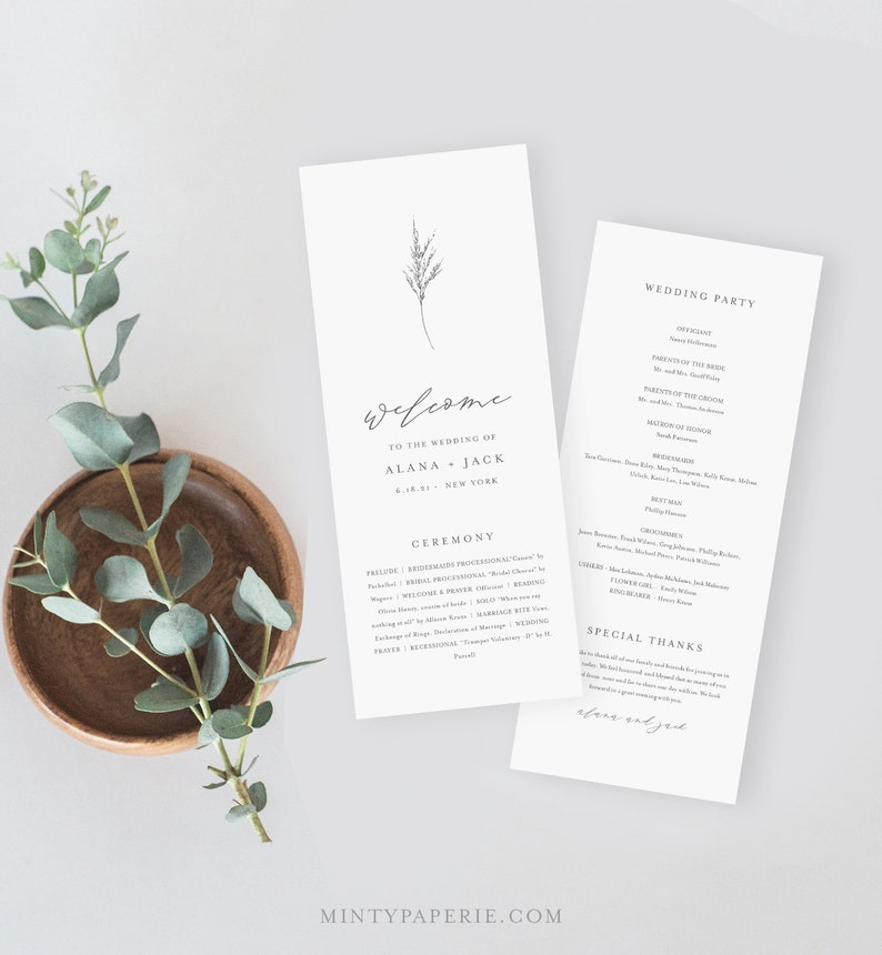 May include: A wedding ceremony program with a simple design featuring a small illustration of a sprig of grass. The program includes the names of the bride and groom, Alana and Jack, and the wedding party. The text "Welcome to the wedding of Alana + Jack" is at the top of the program.