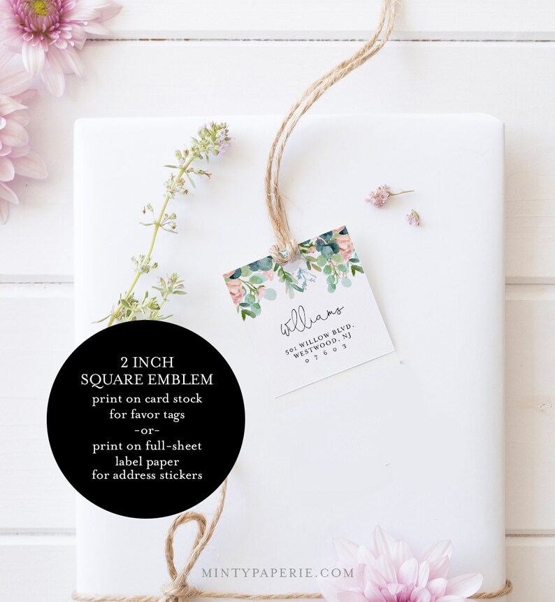 May include: A 2 inch square emblem with a floral design and the text "williams" and an address. The emblem is printed on card stock for favor tags or on full-sheet label paper for address stickers.