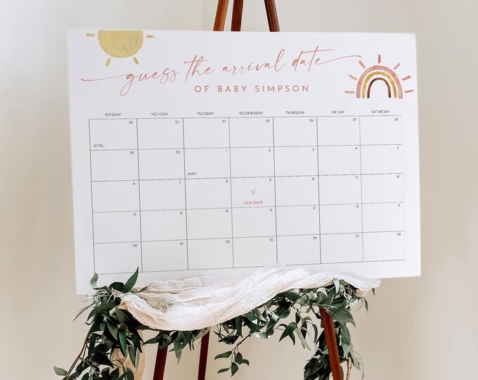 Rainbow Baby Due Date Calendar Sign, Guess the Birthday Baby Shower Game, Gender Neutral, Editable, Instant, Templett #0055-117GDD