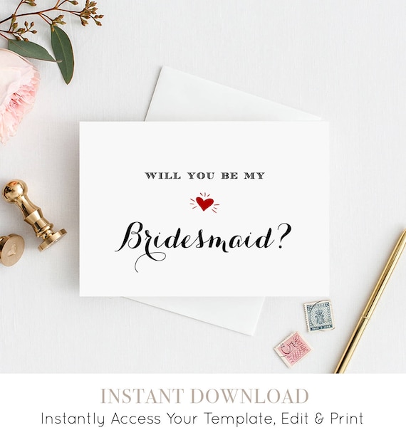 Bridesmaid Card Template Printable Will You Be My Bridesmaid Etsy