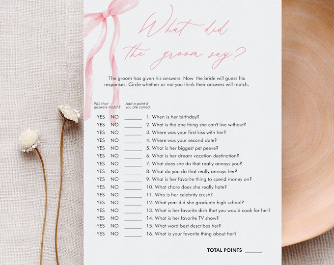 What Did the Groom Say, Coquette Bow Bridal Shower Game, Pink Ribbon, Printable, Editable Template, Instant Download, Templett #0057-08BRG
