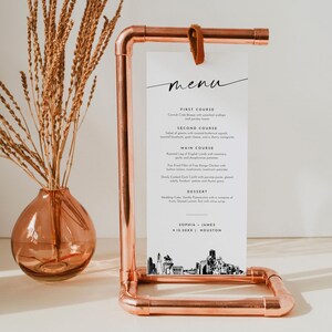 Menú de Houston, tarjeta de menú de cena de boda con vista al horizonte de la ciudad de Houston, Texas, imprimible, plantilla editable, descarga instantánea, Templett n.° 0047-231WM