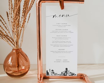 Houston Menu, Printable Houston Texas City Skyline Wedding Dinner Menu Card, Editable Template, Instant Download, Templett #0047-231WM