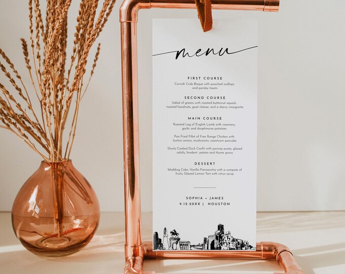 Houston Menu, Printable Houston Texas City Skyline Wedding Dinner Menu Card, Editable Template, Instant Download, Templett #0047-231WM
