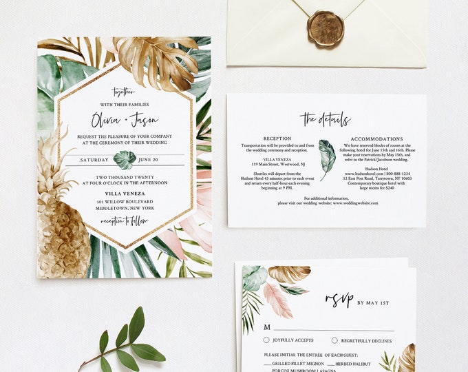 Tropical Wedding Invitation Suite, Destination Beach Wedding Invite, RSVP and Details, Editable Template, INSTANT DOWNLOAD, Templett #087A