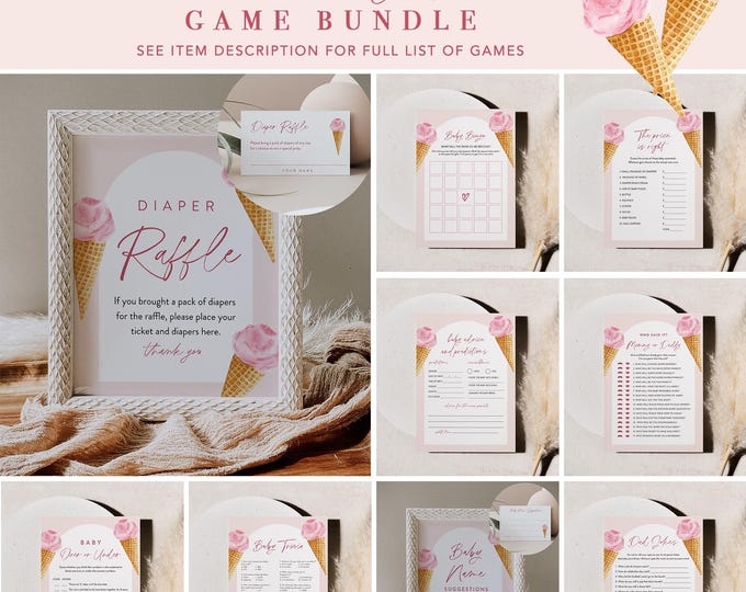 Ice Cream Baby Shower Game Bundle, 28 Games, Scoop, Sweet Girl Baby Shower, Editable Template, Instant Download, Templett #0035-BBGB