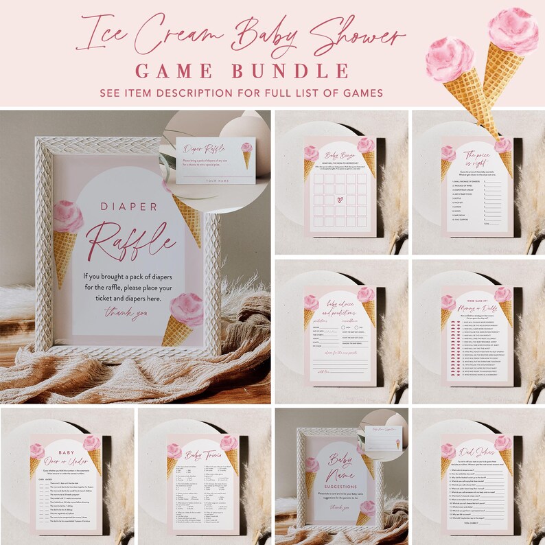 Ice Cream Baby Shower Game Bundle, 28 Games, Scoop, Sweet Girl Baby Shower, Editable Template, Instant Download, Templett #0035-BBGB imagen 1