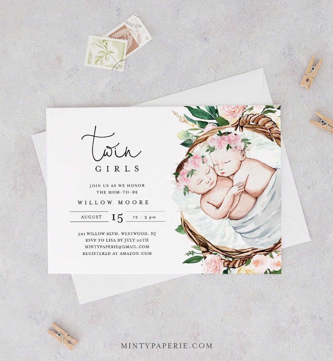 Twins Baby Shower Invitation Template, Printable Twin Girls Baby Shower Invite, 100% Editable ...
