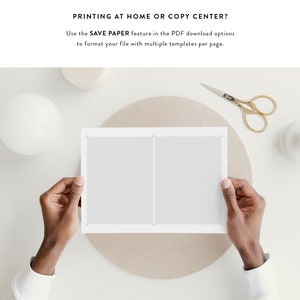 May include: A white sheet of paper with a grid pattern, divided into two sections. The paper is being held by a person's hands. The text "PRINTING AT HOME OR COPY CENTER?" is at the top of the page. The text "Use the SAVE PAPER feature in the PDF download options to format your file with multiple templates per page." is below the grid.