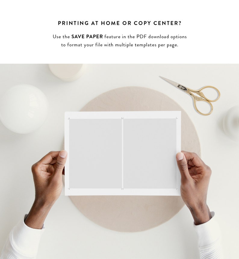 May include: A white sheet of paper with a grid pattern, divided into two sections. The paper is being held by a person's hands. The text "PRINTING AT HOME OR COPY CENTER?" is at the top of the page. The text "Use the SAVE PAPER feature in the PDF download options to format your file with multiple templates per page." is below the grid.