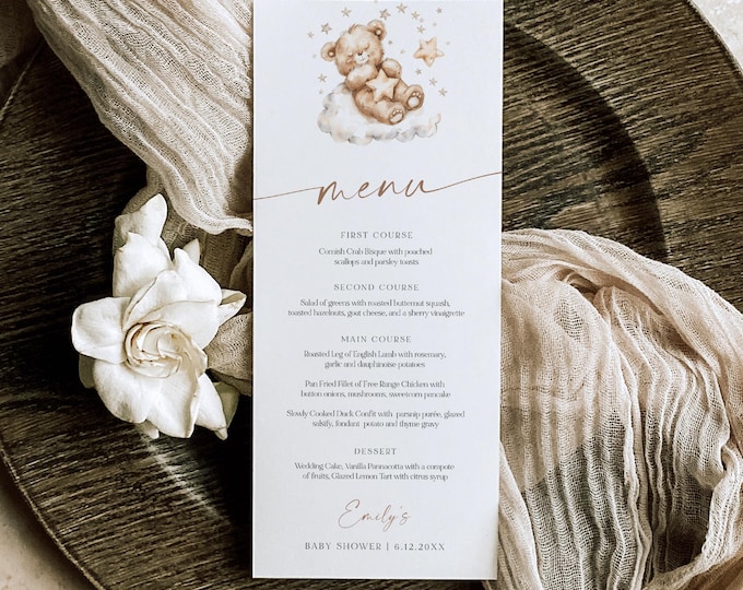 Teddy Bear Menu, Printable Bearly Wait Theme Baby Shower Dinner Menu Card, Editable Template, Instant Download, Templett #0063-163WM