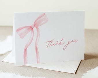 Coquette Bow Thank You Folded Card Printable, Baby / Bridal Shower Note, Editable Template, Instant Download, Templett #0057-237TYC