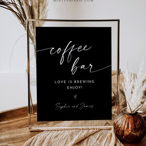 Placa de café, placa clássica preta de café e chá para casamento, minimalista, modelo 100% editável, download instantâneo, Templett, 8x10 #0034B-21S