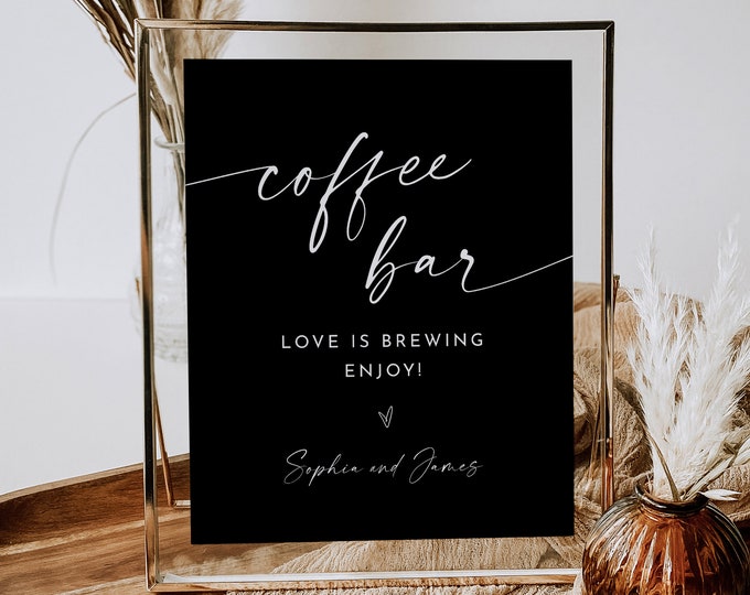 Coffee Bar Sign, Classic Black Wedding Coffee and Tea Sign, Minimalist, 100% Editable Template, Instant Download, Templett, 8x10 #0034B-21S