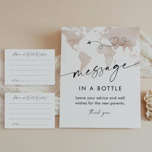 Panneau Message dans une bouteille, Baby shower de voyage d'aventure, Conseils et meilleurs voeux, Modèle modifiable, Téléchargement immédiat, Templett #0039-23BAG