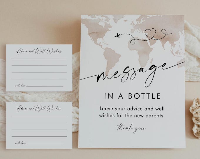 Message in a Bottle Sign, Adventure Travel Baby Shower, Advice and Well Wishes, Editable Template, Instant Download, Templett  #0039-23BAG