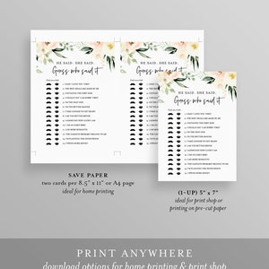 May include: Two printable game cards with a floral design. The cards feature the text "He said, She said. Guess who said it." and a list of 16 statements. The cards are designed for a wedding shower or bridal party game.