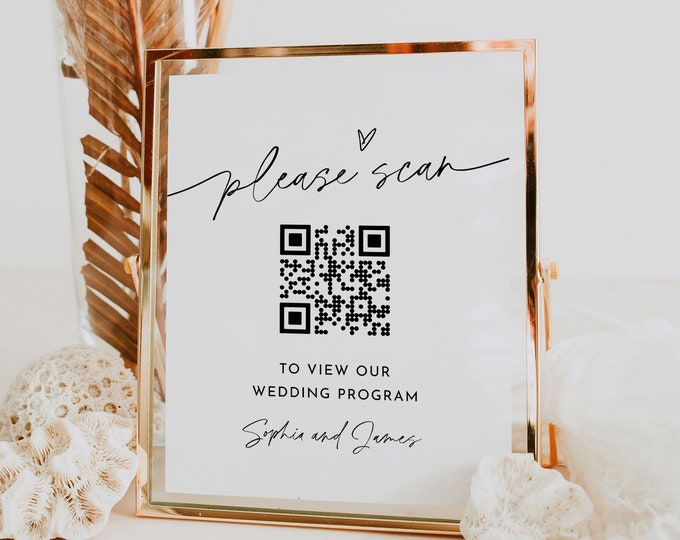 QR Code Wedding Program, Scan QR Code for Order of Service, Minimalist Sign, Editable Template, Instant Download, Templett #0032-67S