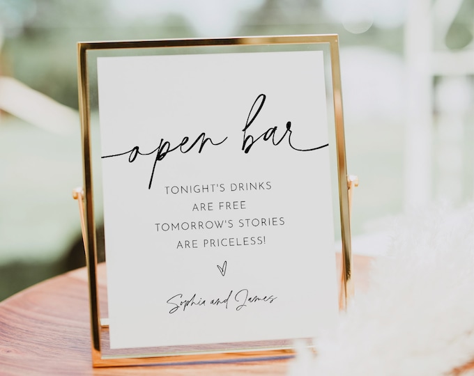 Open Bar Wedding Sign Template, Printable Funny Bar Sign, Editable, Instant Download, Bar Menu, Cocktail, Alcohol, Drinks, Templett 0032-20S