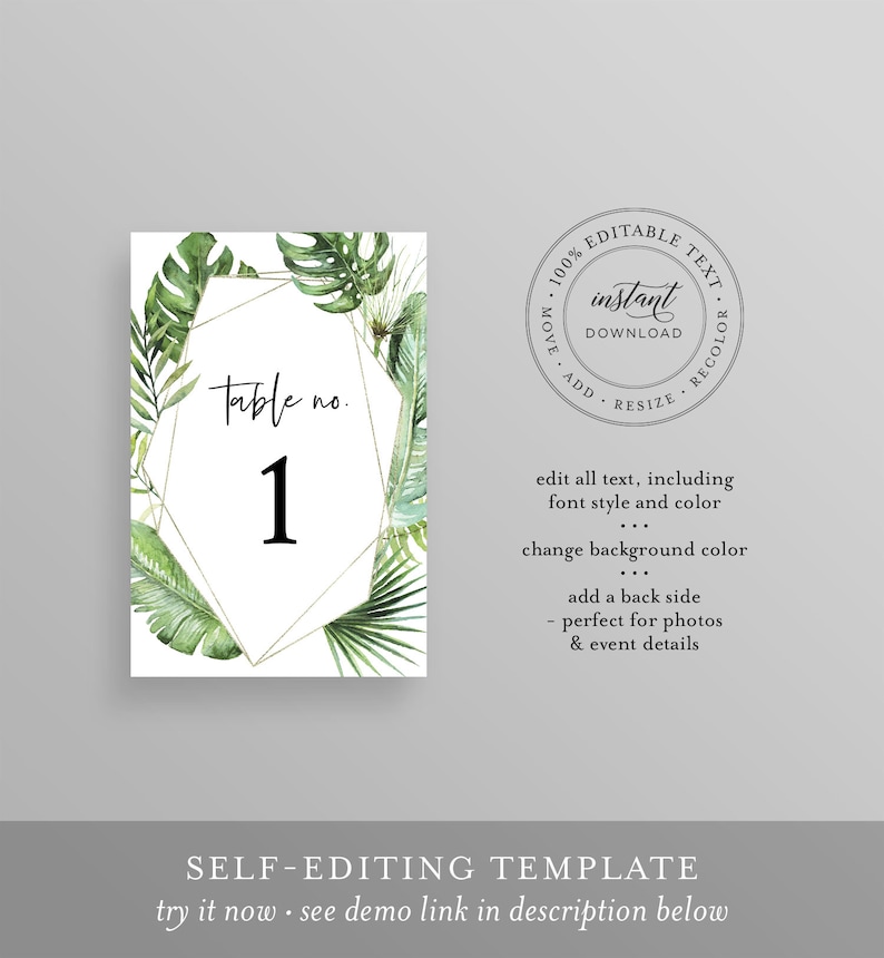 May include: Editable table number card with a tropical leaf design and gold geometric frame. The card says "table no. 1".