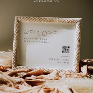 Programme de mariage de code QR, scanner le code QR pour l'ordre de service, signe minimaliste, modèle modifiable, téléchargement immédiat, Templett #094-34S