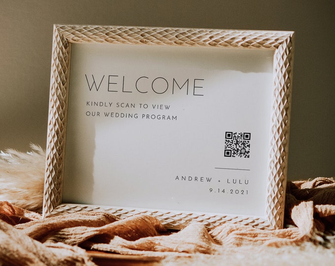 QR Code Wedding Program, Scan QR Code for Order of Service, Minimalist Sign, Editable Template, Instant Download, Templett #094-34S