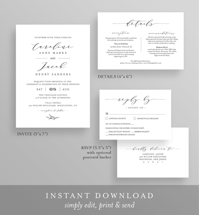 Editable Wedding Invitation Set Template, INSTANT DOWNLOAD, 100% Editable, Minimalist Invite, RSVP & Detail, Printable, Templett #037B image 2