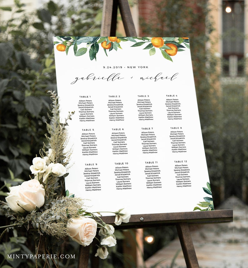 Citrus Wedding Seating Chart Template, Printable Orange Blossom & Greenery Seating Sign, 100% Editable Text, INSTANT DOWNLOAD 084-238SC image 2