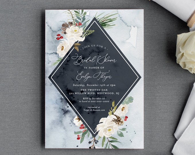 Bridal Shower Invitation Template, Winter Theme, Holly, Evergreen, Pine, Conifer, Editable Text, Printable, INSTANT DOWNLOAD #071-200BS