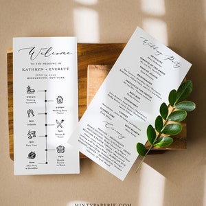 May include: A wedding welcome sign with a timeline of events for the wedding day. The sign is printed on white cardstock with black text and icons. The wedding ceremony is at 3:30 pm, followed by a wedding party at 4:30 pm, cocktails at 5:00 pm, dinner and toasts at 6:00 pm, party time at 7:00 pm, and an after party at the hotel bar at 11:00 pm. The sign also includes a shuttle service to the hotel at 11:00 pm.