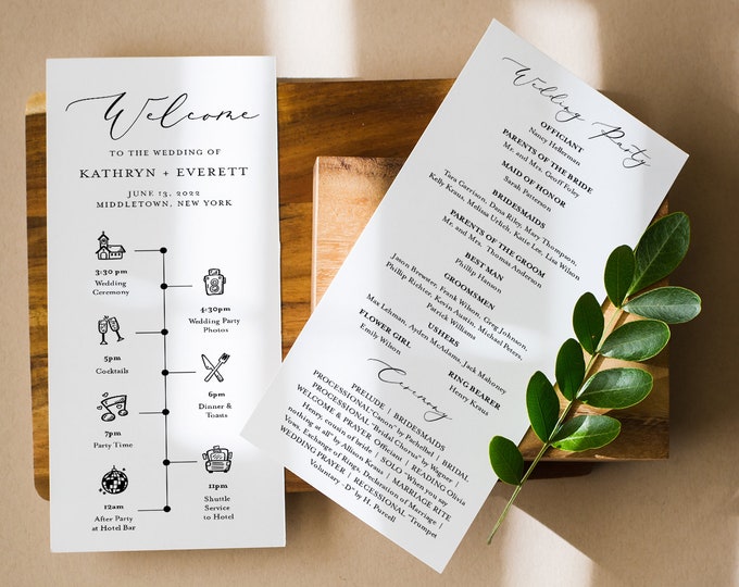 Minimalist Wedding Program & Timeline Template, Order of Service, Wedding Day Events / Agenda, Instant Download, 100% Editable #045-263WP