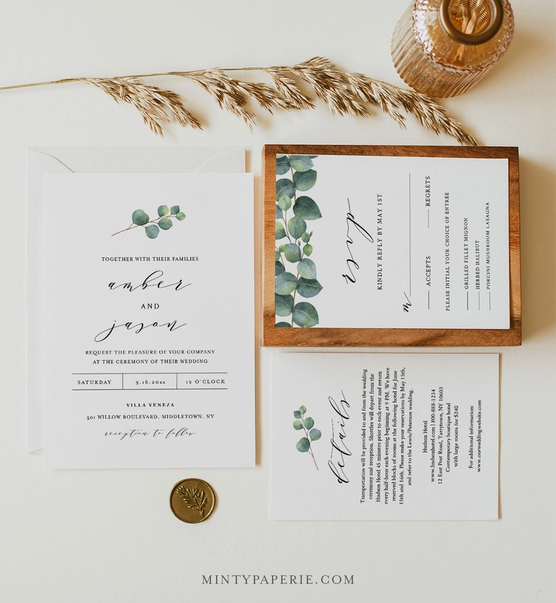 Eucalyptus Wedding Invitation Set, Greenery, Printable Invite, RSVP, Details, Instant Download, 100% Editable Template, DIY, Templett 036A image 3
