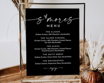 S'mores Menu, Printable Smores Bar Sign, Classic Black Wedding S'mores Station, Editable Template, Instant Download, Templett #0034B-70S