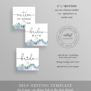 Bridal Party Button Template, Rustic Mountain, Bridal Shower Pins ...
