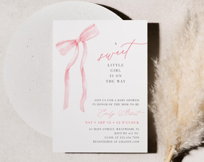 Bow Baby Shower Invitation, Coquette Pink Ribbon, Girl Baby Shower Invite, Editable Template, Instant Download, Templett #0057-253BA