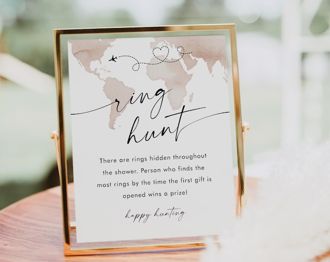 Ring Hunt Bridal Shower Game, Travel Theme Ring Game, World Map Bridal Shower Printable, Editable, Instant Download, Templett #0039-31BRG