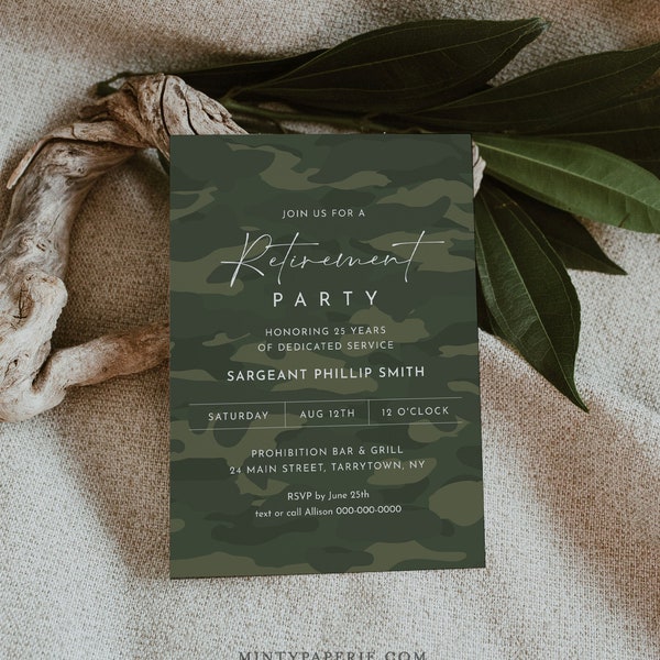 Military Retirement Party Invitation, Printable Army Retirement Invite, Camouflage, Evite, Editable Template, Templett #0037-104RT