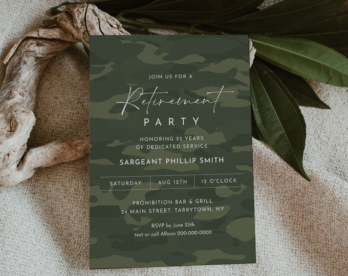 Military Retirement Party Invitation, Printable Army Retirement Invite, Camouflage, Evite, Editable Template, Templett #0037-104RT