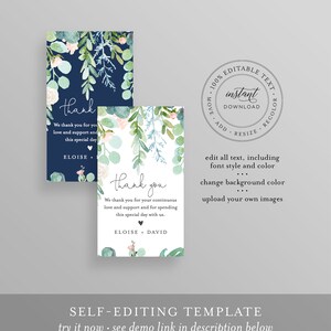 May include: Two editable thank you cards with watercolor floral designs. The cards are on a white background with blue and green foliage. The text on the cards reads "Thank you" and includes the names Eloise and David.