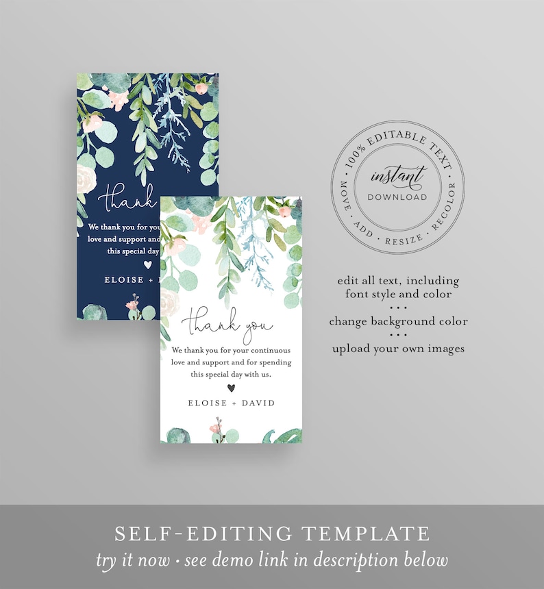 May include: Two editable thank you cards with watercolor floral designs. The cards are on a white background with blue and green foliage. The text on the cards reads "Thank you" and includes the names Eloise and David.
