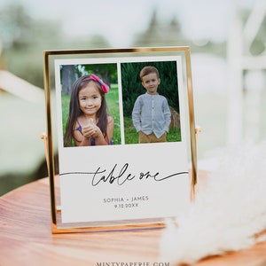 Cartão de número de mesa de fotos, fotos de infância, mesa de casamento minimalista, adicione sua imagem, modelo editável, instantâneo, 5x7, 8x10 #0032-218TC