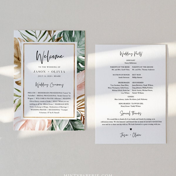 Tropical Wedding Program Template, Order of Service, INSTANT DOWNLOAD, Fan or Flat Program, 100% Editable Text, Templett  #087-422WP