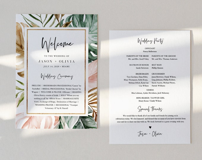 Tropical Wedding Program Template, Order of Service, INSTANT DOWNLOAD, Fan or Flat Program, 100% Editable Text, Templett  #087-422WP