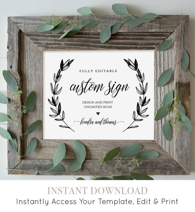 Wedding Sign Template, Printable Custom Sign, Fully Editable, Create Unlimited Signs, Rustic Laurels, Instant Download 5x7 & 8x10 023-101CS image 1