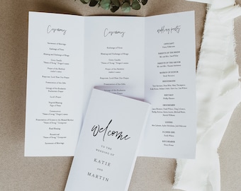 Modern Trifold Wedding Program Printable, Minimal Order of Service Template, INSTANT DOWNLOAD, Editable, Catholic, Templett #0009-505WP