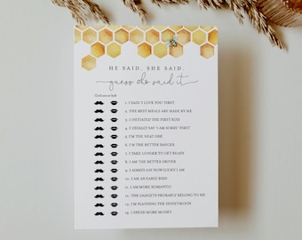 He Said She Said Bridal Shower Game, Guess Who Said It, Honey Bee Bridal Game, Editable Template, Instant Download, Templett #097-373BG