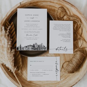 Ensemble de faire-part de mariage à Salt Lake City, ligne d'horizon SLC de l'Utah, carte photo, modèle modifiable, invitation incluse, RSVP, détails, Templett #0047
