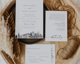 Salt Lake City Wedding Invitation Set, SLC Utah Skyline, Photo Card, Editable Template, Includes Invite, RSVP, Details, Templett #0047